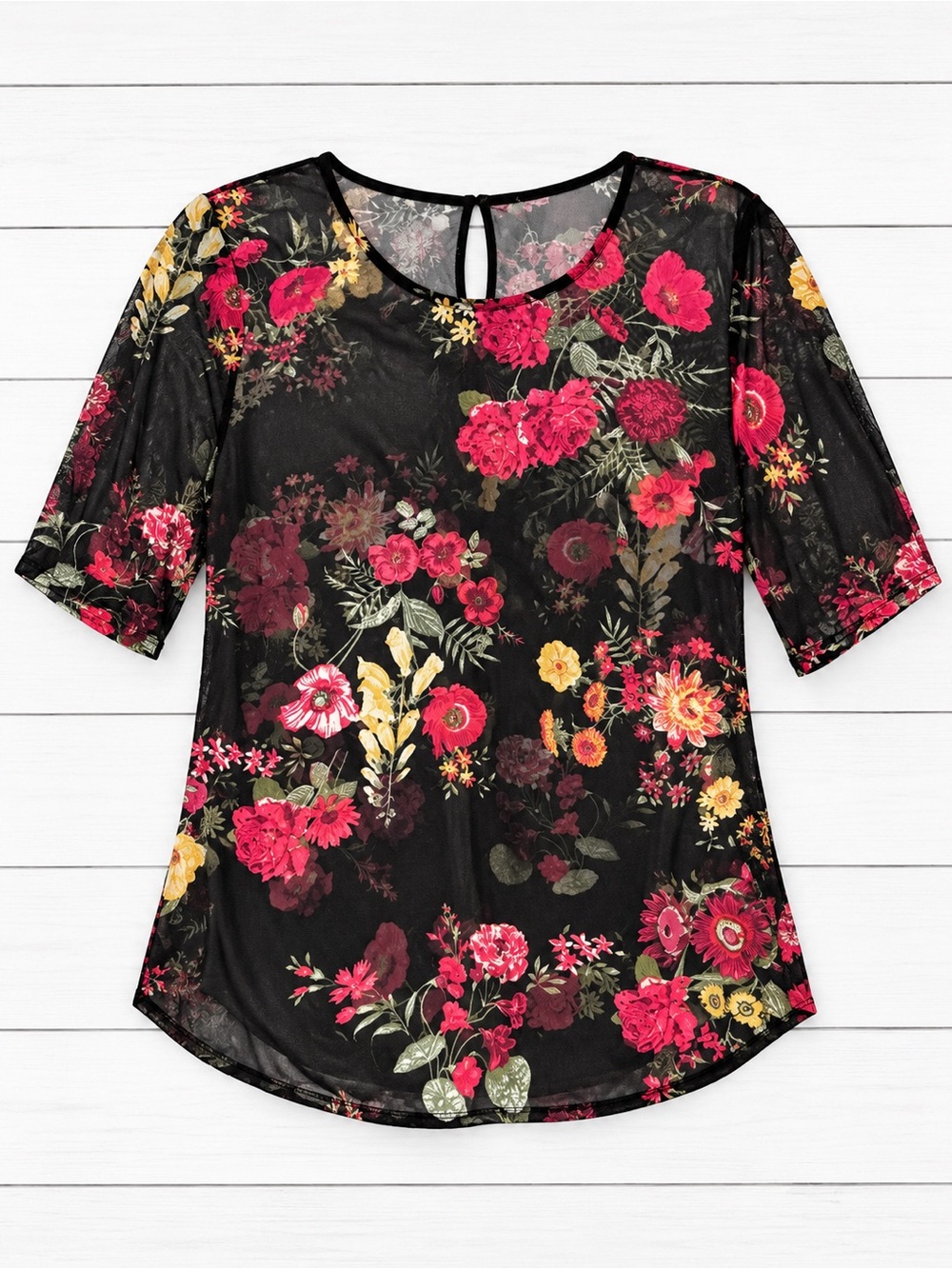 Sheer Black Floral Blouse | Size Medium | Romantic Mesh 3/4 Sleeve Top - Picture 3 of 4